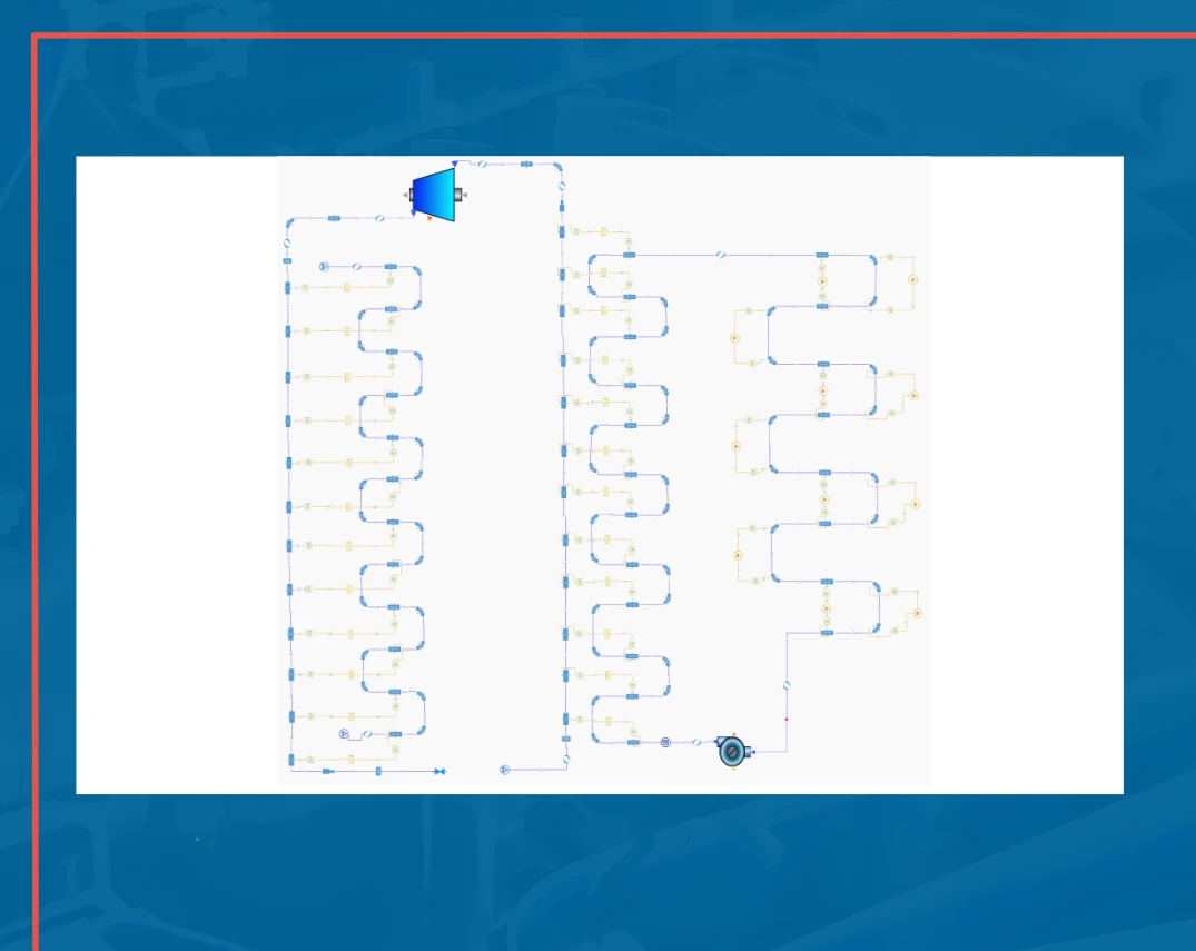 A blue funnel diagram connected to a maze-like series of nodes and pathways, ending at a gear icon on a light blue background.