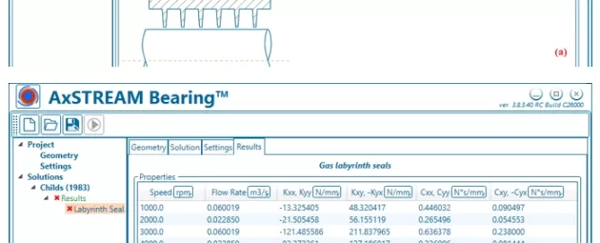 Two screenshots of the AxSTREAM Bearing software interface displaying settings and results for gas labyrinth seals, including geometric parameters and calculated values.