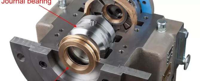 Close-up of a mechanical assembly showing labeled components: oil circulator, journal bearing, labyrinth seal, and outer thrust bearing.