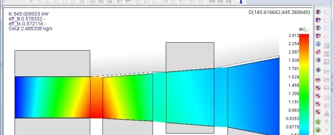 Flow simulation in a software interface, showing a colorful gradient from red to blue across a geometric design. Various tool icons and data are displayed on the screen.