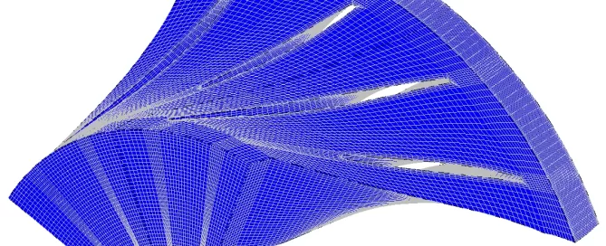 Abstract 3D shape with blue mesh pattern, resembling a twisted, fan-like structure.