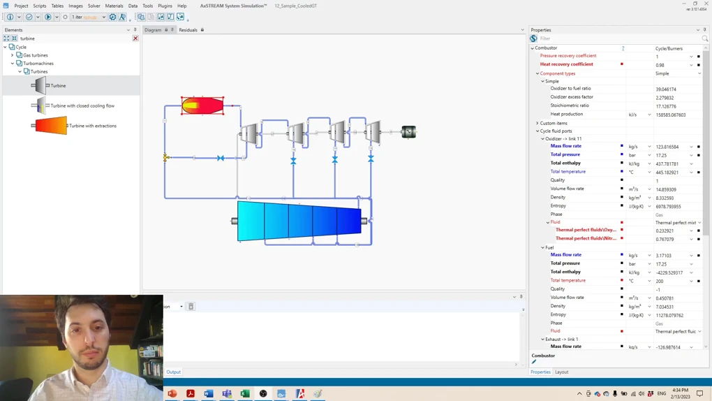 A computer screen displays a diagram with a series of interconnected components and a properties panel on the right. A small video call window is in the bottom left corner.
