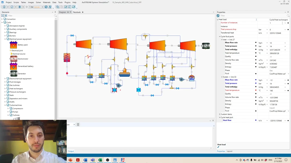 Screenshot of a complex engineering simulation interface displaying a schematic diagram with various interconnected components, and software tools on the right sidebar.