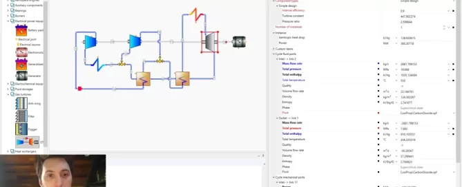 Screenshot of a computer simulation interface with a flowchart diagram and property settings. A small webcam window shows a person in the bottom corner.