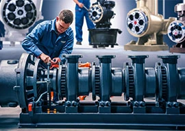 A worker in blue overalls inspects a large industrial machine, analyzing its intricate pump design with multiple gears and pipes, in a bustling factory setting.