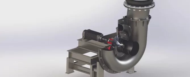 Industrial centrifugal pump with a curved pipe and motor mounted on a metal frame, isolated on a light gray background.