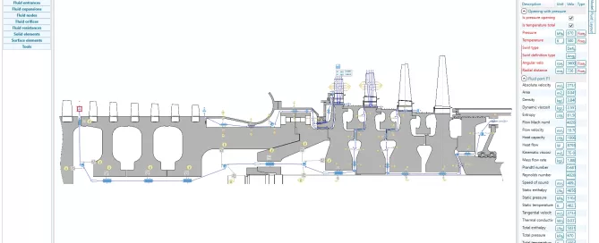 Diagram of a complex mechanical system with labeled components and dimensions, featuring a property list and various control icons at the top and side of the interface.