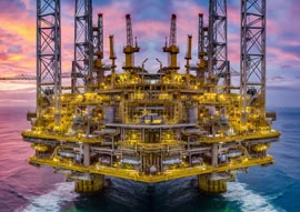An offshore oil rig, showcasing advanced oil & gas technology, stands with illuminated structures against a sunset sky over the ocean.