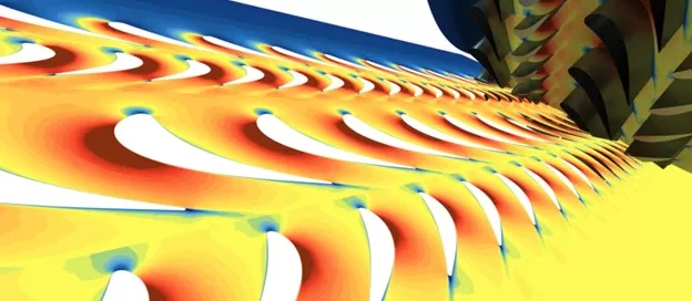 Colorful wave pattern with swirling shapes in shades of blue, red, yellow, and black on a white background mirrors the dynamic flow found in turbomachinery designs by Softinway.