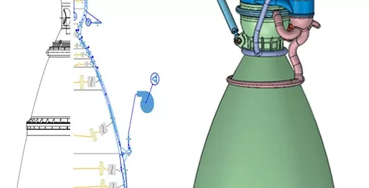 Diagram and 3D rendering of a rocket engine, showing components such as nozzles, piping, and combustion chambers.