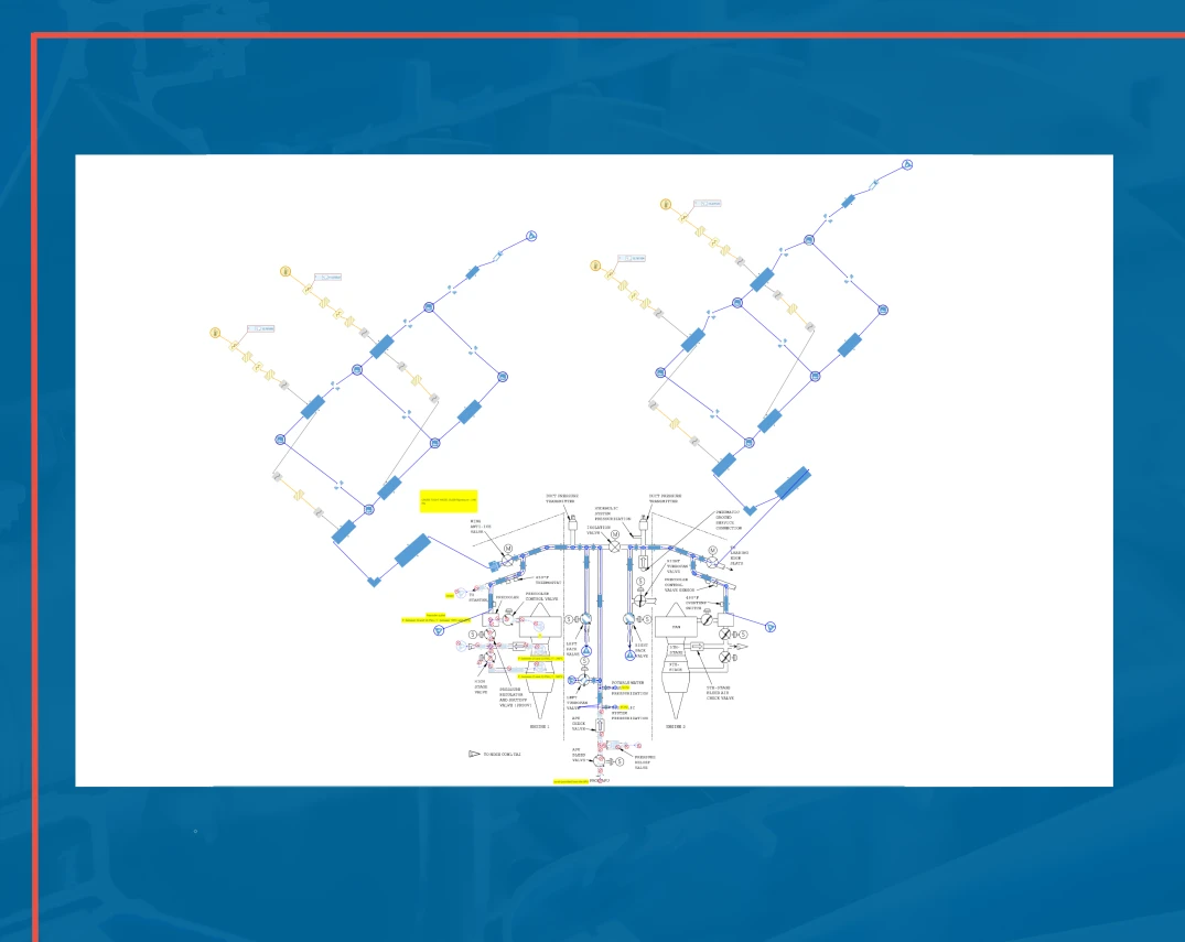 A technical diagram featuring a complex flowchart with colored lines, symbols, and labels, set against a blue background.