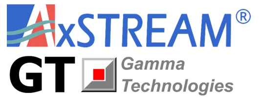 Logo featuring "AxSTREAM" in blue with stylized waves, and "GT Gamma Technologies" below in black and gray, alongside a square graphic with a red square in the center.