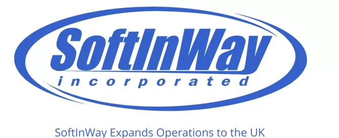Logo of SoftInWay Incorporated with text "SoftInWay Expands Operations to the UK" underneath, in blue font on a white background.