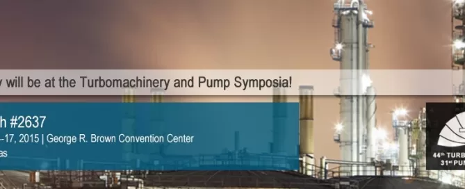 Banner for the Turbomachinery and Pump Symposia 2015, featuring industrial structures, event details, and booth information for SoftInWay.