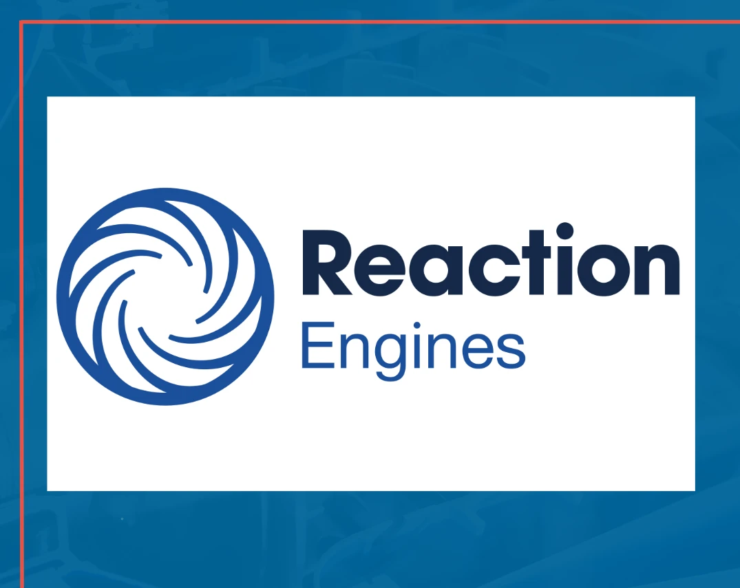 Logo of Reaction Engines featuring a stylized swirl design next to the text "Reaction Engines" on a white background with a blue border.