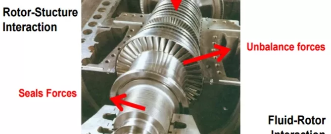 A machine rotor with annotations indicating weight, unbalance forces, seals forces, rotor-structure interaction, fluid-rotor interaction, and bearing forces.
