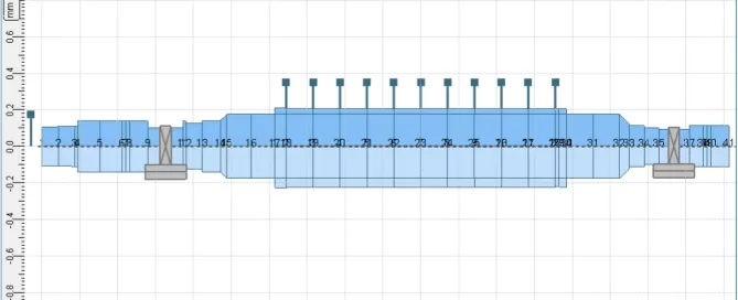 Diagram showing a symmetrical, blue-colored mechanical component with labeled sections and measurements on a grid background.