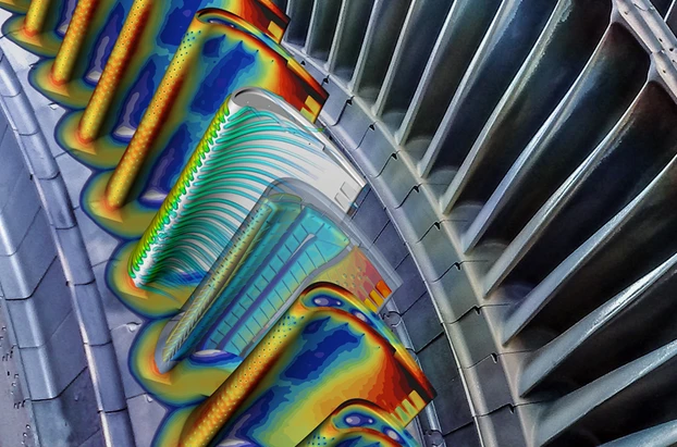 A vibrant thermodynamic simulation, presented in partnership with SoftInWay, overlays a turbine blade, illustrating heat distribution across metallic surfaces.