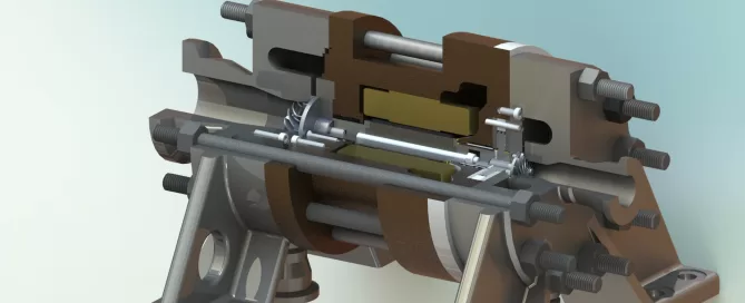 A 3D rendering of a mechanical component, featuring various metal parts, bolts, and supporting structures set against a neutral background.