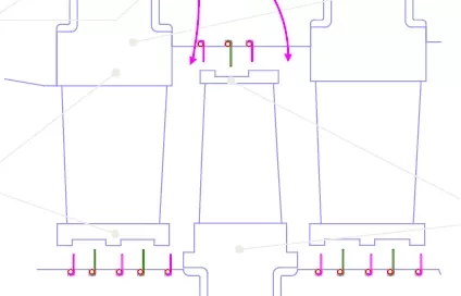 Technical line drawing with three interconnected structures, labeled L1, L2, and L3, showcasing various mechanical components and pathways in blue, pink, red, and green lines.