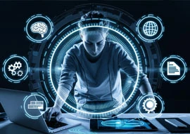 Seamless-Integration In a futuristic setting, a person interacts with a digital interface displaying icons for brain, gears, globe, document, and settings. They seamlessly work on software customization using their tablet and laptop.