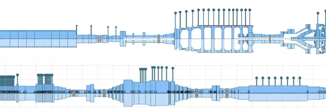 A detailed technical schematic of a complex mechanical structure, featuring blue-colored components and sections, including intricate turbomachinery elements. Displayed in dual views, this design illustrates the precision and innovation characteristic of Softinway engineering.