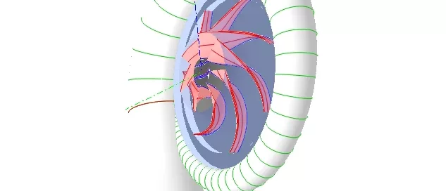 A 3D model with a white, spiral tube encircling a flat, circular surface featuring abstract pink and red elements on a blue background.