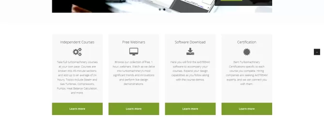 SoftInWay website page featuring sections on education, training, software download, and certification. Images of machinery and engineering tools are included.