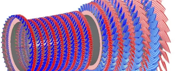 3D computer model of a jet engine turbine with interlocking blue and red blades.