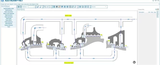 Engineering software interface showing a detailed schematic of a fluid network with labeled nodes and connections, featuring toolbars and control panels.