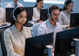 Tailored Solutions 24-7 Support Call center employees wear headsets and work at computers in an office setting, where software customization enhances their efficiency.