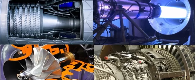 Composite image showing various jet engine components, including turbine blades, an engine test with exhaust, and internal mechanical parts.