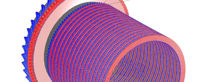 A cylindrical 3D model with red and blue patterns, inspired by turbine design, featuring a magnified section showing a layered structure with protruding elements.