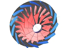 3D rendering of a spiraling, turbine-inspired design with red and blue overlapping geometric shapes on a black background.
