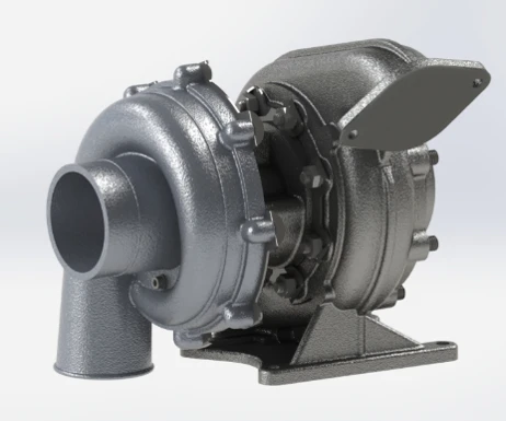 A metallic industrial pump with a cylindrical outlet and several bolts, mounted on a base.