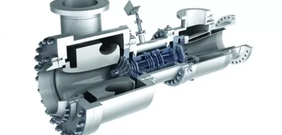 Cutaway view of an industrial turbine showcasing internal components and design.