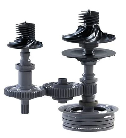 Close-up of three metallic mechanical components with vertical gears and coiled structures, standing upright against a white background.