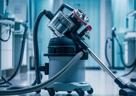 A sleek appliance, the vacuum cleaner with its canister and hose is elegantly positioned on a tiled floor in a bright room.