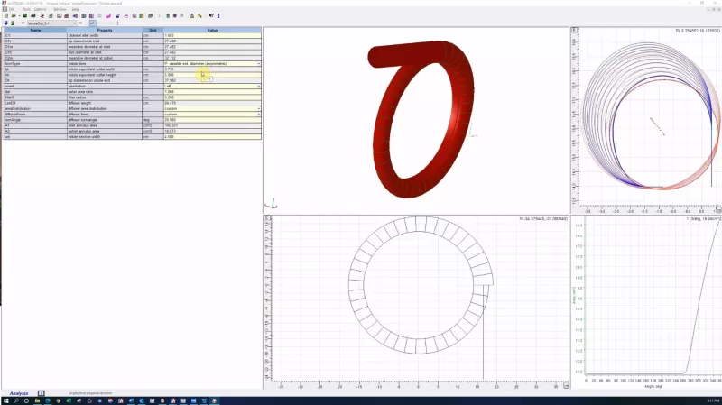 3D modeling software interface showing a red circular object and its cross-section. Features include design parameters, grid coordinates, and visualization tools.