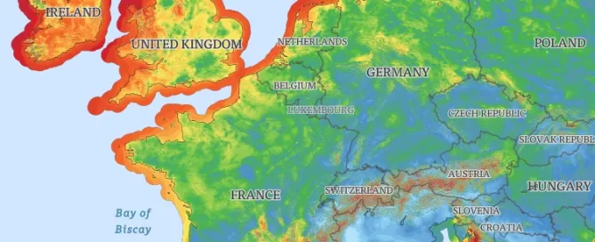 Colorful relief map of Europe highlighting elevation changes, with countries labeled.