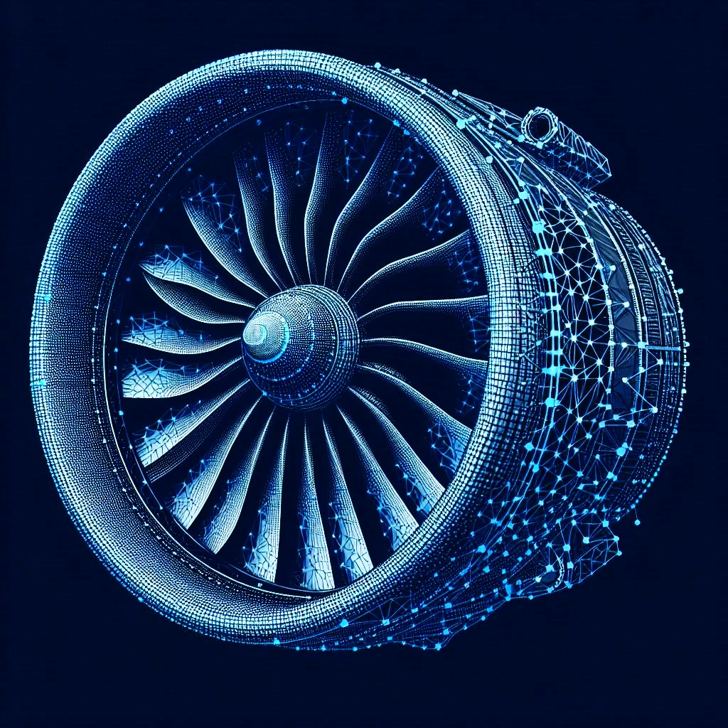 Digital illustration of a jet engine rendered in a blue wireframe style, showcasing detailed components and blades, enhanced by AxStream AI for precision and clarity.
