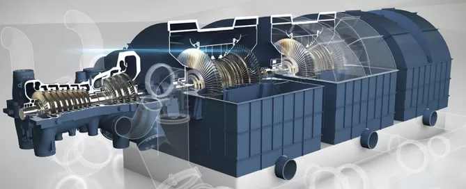 This illustration of a steam turbine generator cutaway, crafted in blue and white, meticulously showcases the intricacies of turbomachinery and reveals the sophisticated design inherent to Softinway's engineering excellence.