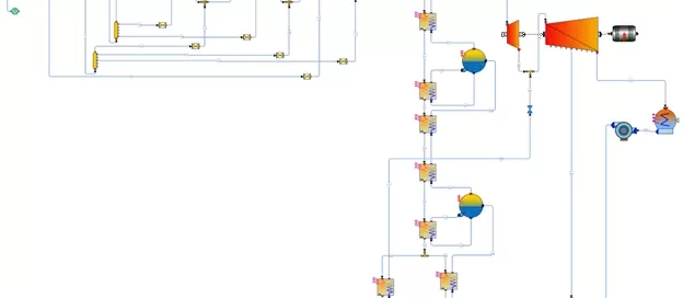 Flowchart depicting a complex industrial process with various symbols for machinery, pipes, and connections.