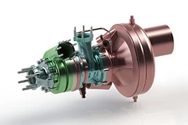 government-research-and-development-1 A 3D rendering of a mechanical component, possibly linked to government research, showcasing a mix of metallic colors like green, blue, and copper. Visible bolts and cylindrical shapes add detail to the piece, all isolated on a pristine white background.