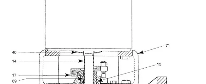 Technical diagram of a vertical pump cross-section showing labeled components, including the motor, impeller, and housing. Arrows indicate fluid flow direction.