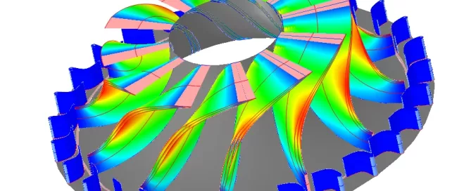 3D visualization of a colorful turbine design, showing aerodynamic flow patterns with blue, green, yellow, and red gradients.