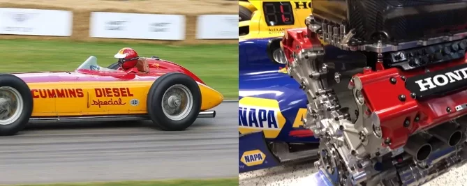 Left: Vintage red race car with Cummins Diesel branding on a track. Right: Close-up of a Honda racing engine with visible components.