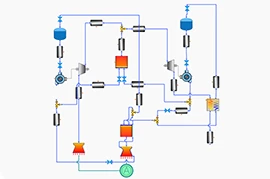 Diagram of a complex piping system illustrating Thermal-Fluid System Modeling with tanks, valves, pumps, and heat exchangers interconnected by blue lines.