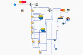 A schematic diagram of a thermal-fluid system modeling pipeline with interconnected tanks, valves, and pipelines on a white background.