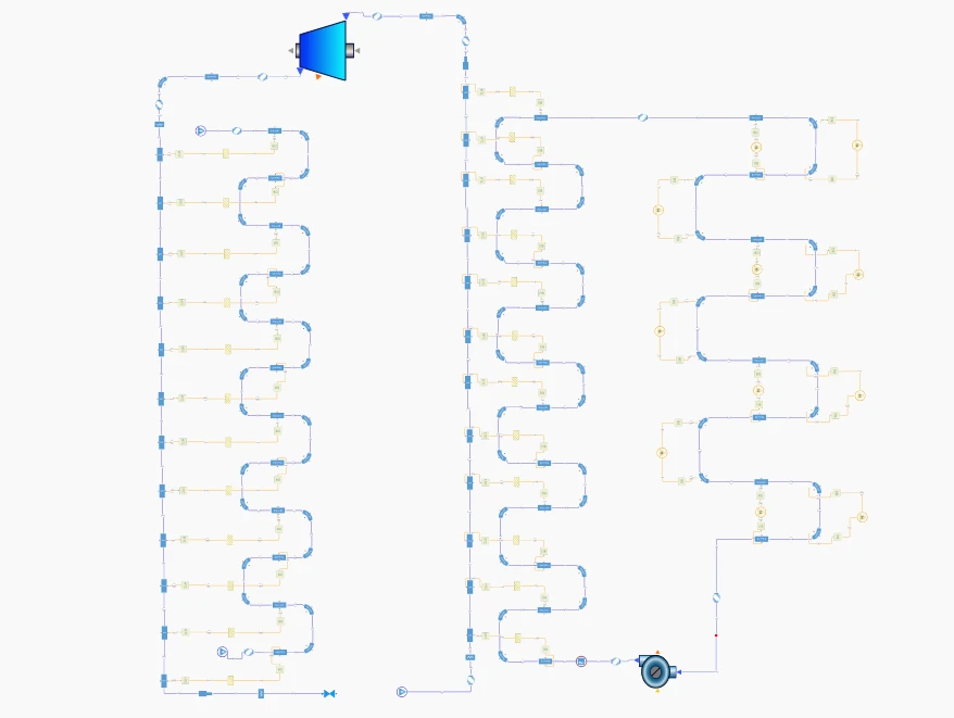 Diagram of a complex flowchart with connected nodes, arrows, and lines, illustrating a thermal-fluid system modeling process with branching paths and a blue triangular element at the top.